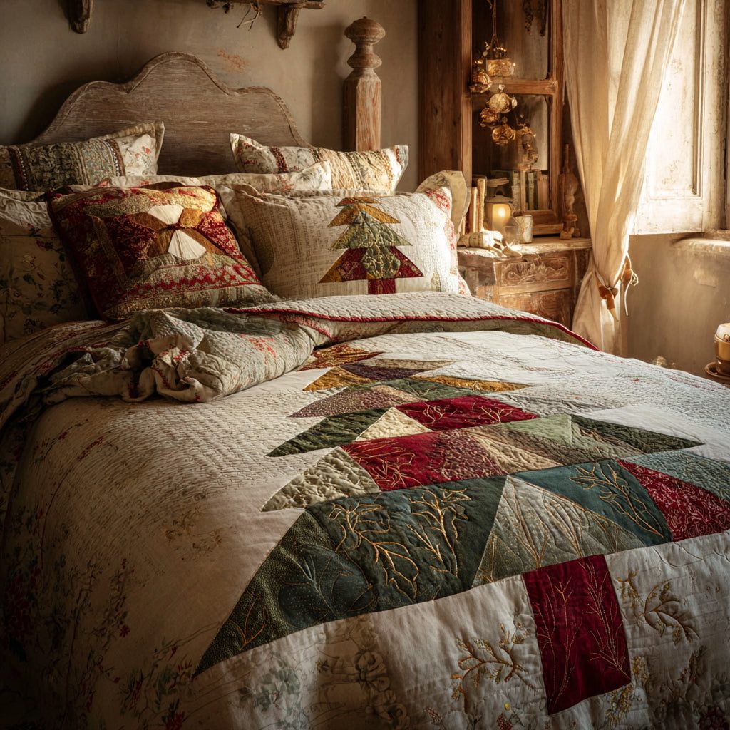 Classic Noel quilted 3-piece bedding set on a made bed in a winter-styled bedroom