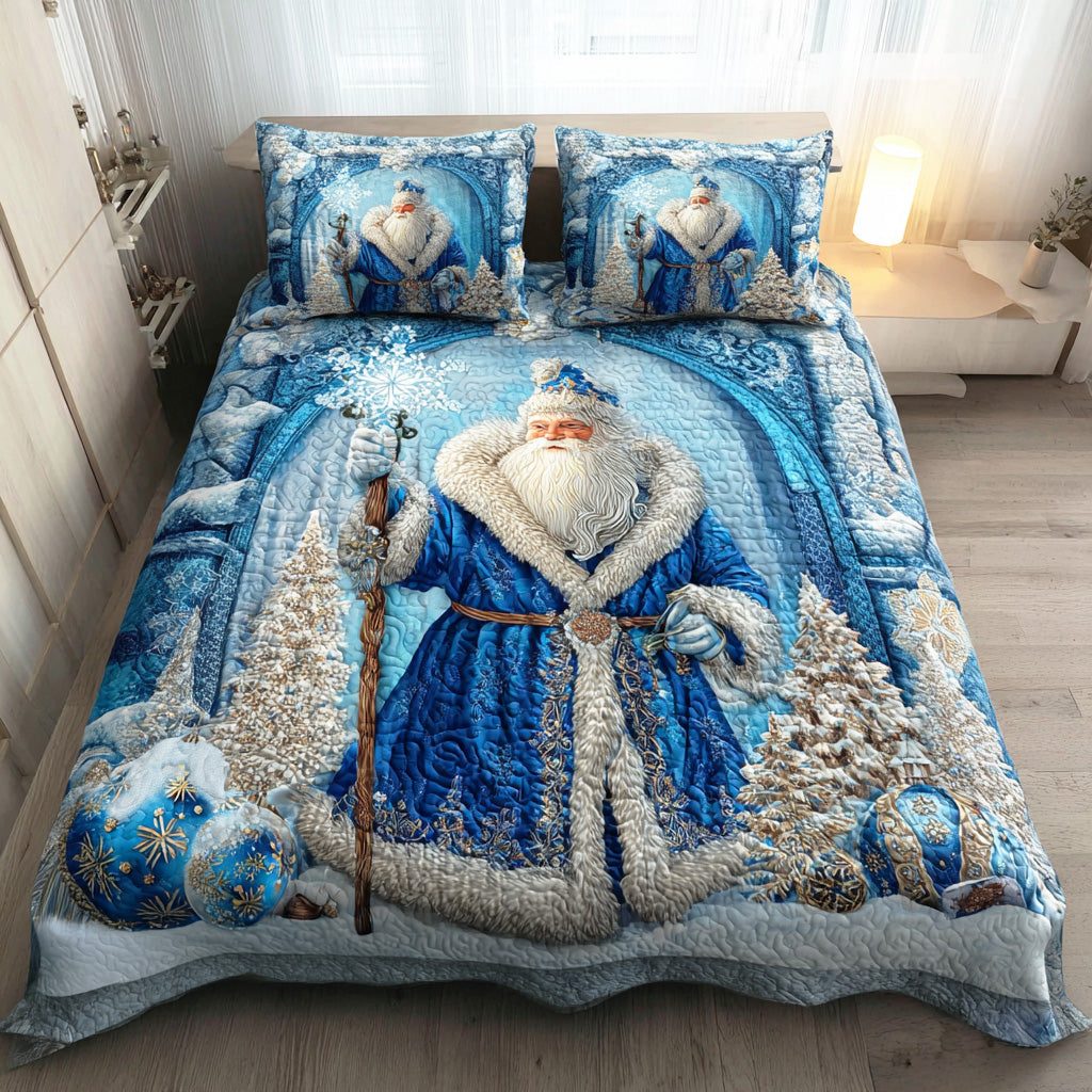 Classic North Santa quilted 3-piece bedding set on a made bed in a winter-styled bedroom