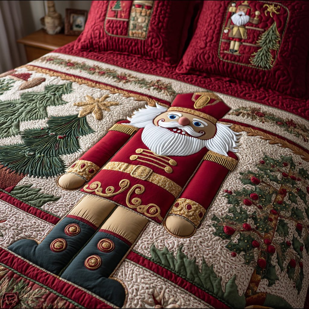 Classic Nutcracker quilted 3-piece bedding set on a made bed in a winter-styled bedroom