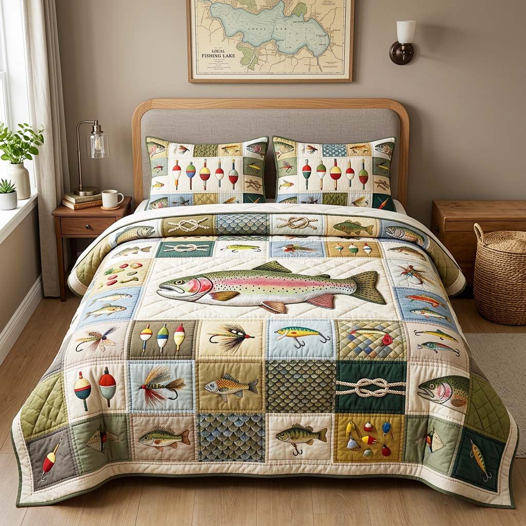 Classic Trout quilted 3-piece bedding set on a made bed in a farmhouse bedroom