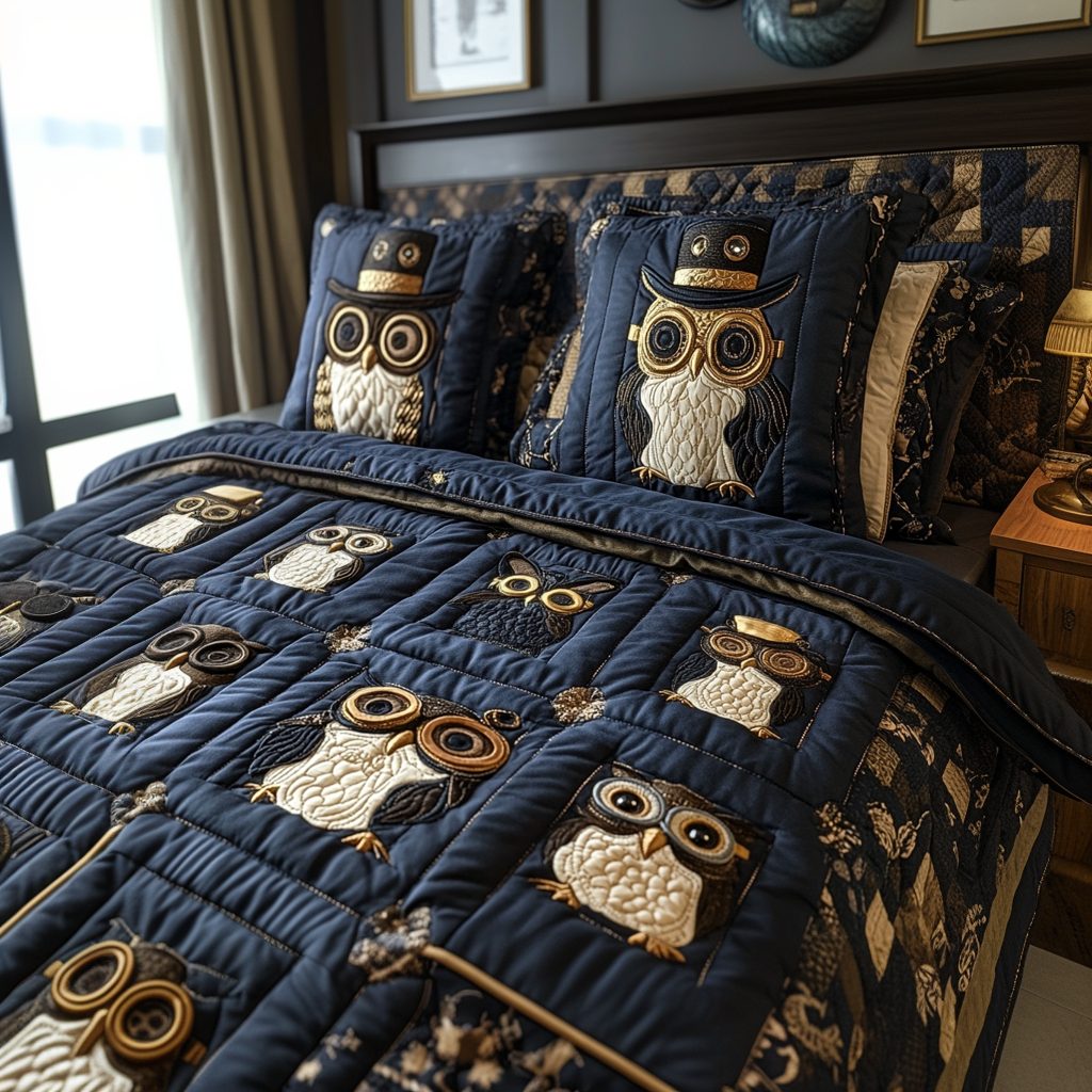 Clockwork Companions quilted 3-piece bedding set on a made bed with two matching pillow shams