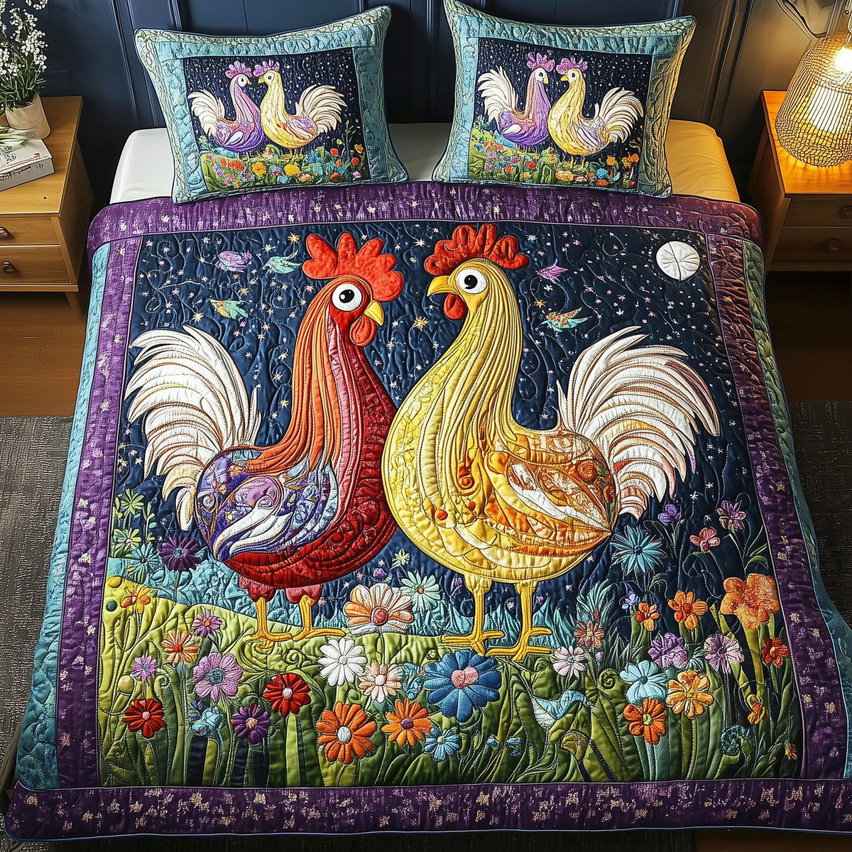 Cluck and Bloom quilted 3-piece bedding set on a made bed with two matching pillow shams