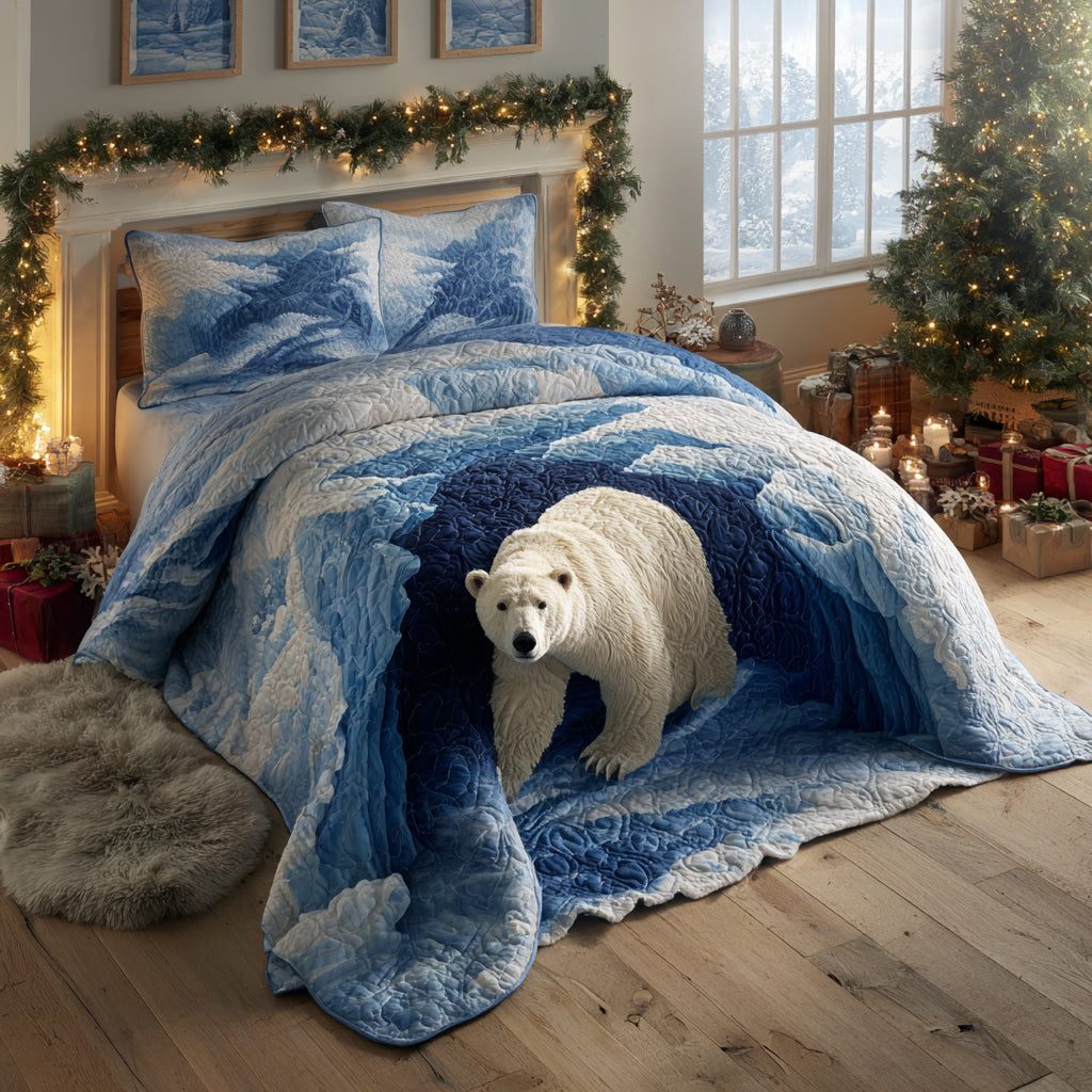 Coastal Bear Flow quilted 3-piece bedding set on a made bed in a light coastal bedroom