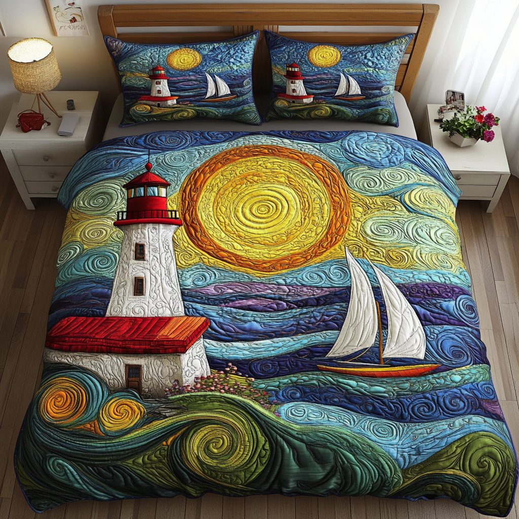 Coastal Bliss quilted 3-piece bedding set on a made bed in a light coastal bedroom