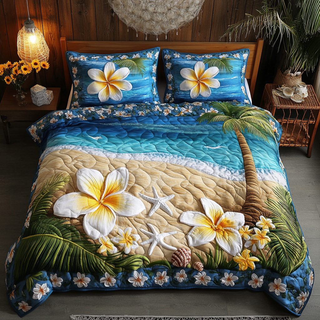 Coastal Bliss quilted 3-piece bedding set on a made bed in a light coastal bedroom
