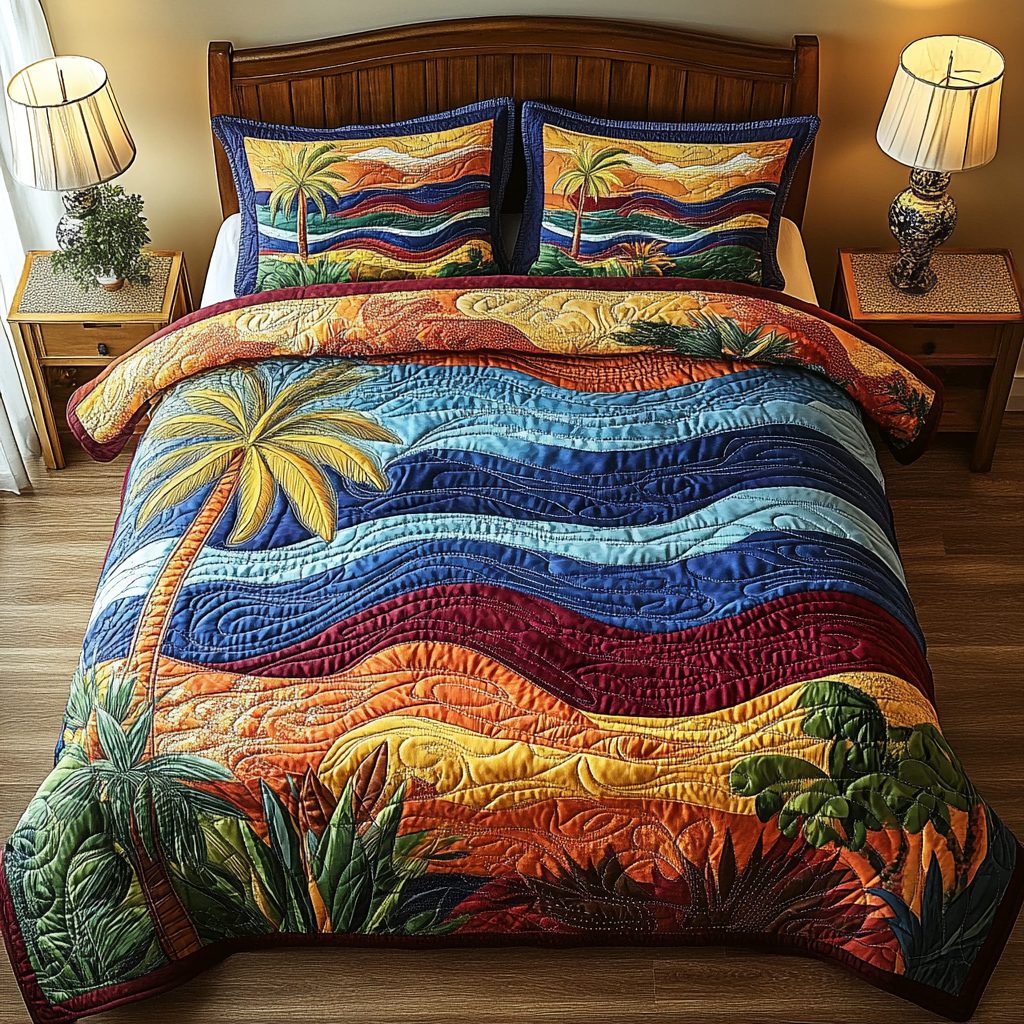 Coastal Breeze quilted 3-piece bedding set on a made bed in a light coastal bedroom