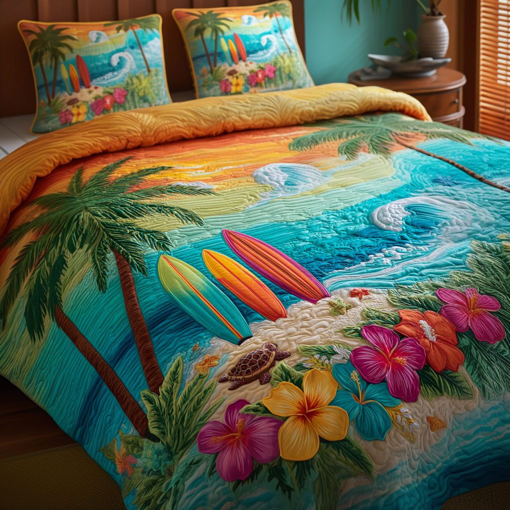 Coastal Breeze quilted 3-piece bedding set on a made bed in a light coastal bedroom