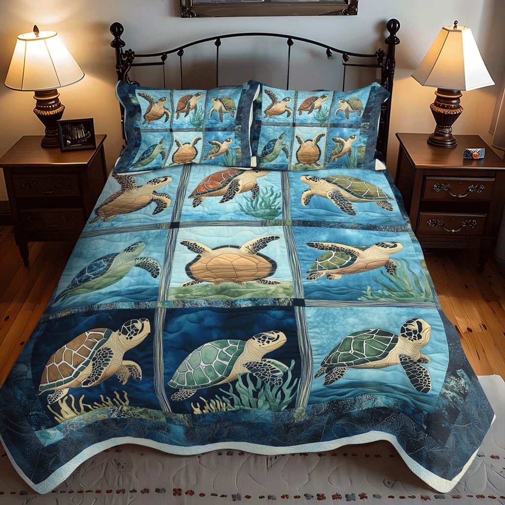 Coastal Calm quilted 3-piece bedding set on a made bed in a light coastal bedroom