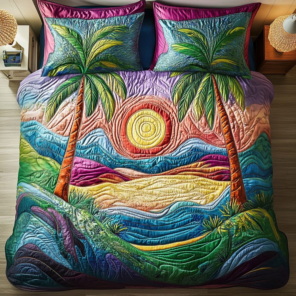 Coastal Calm quilted 3-piece bedding set on a made bed in a light coastal bedroom