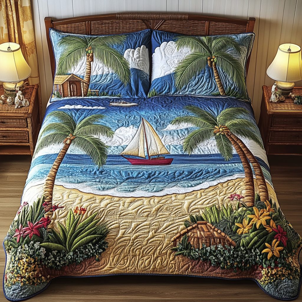Coastal Comfort quilted 3-piece bedding set on a made bed in a light coastal bedroom