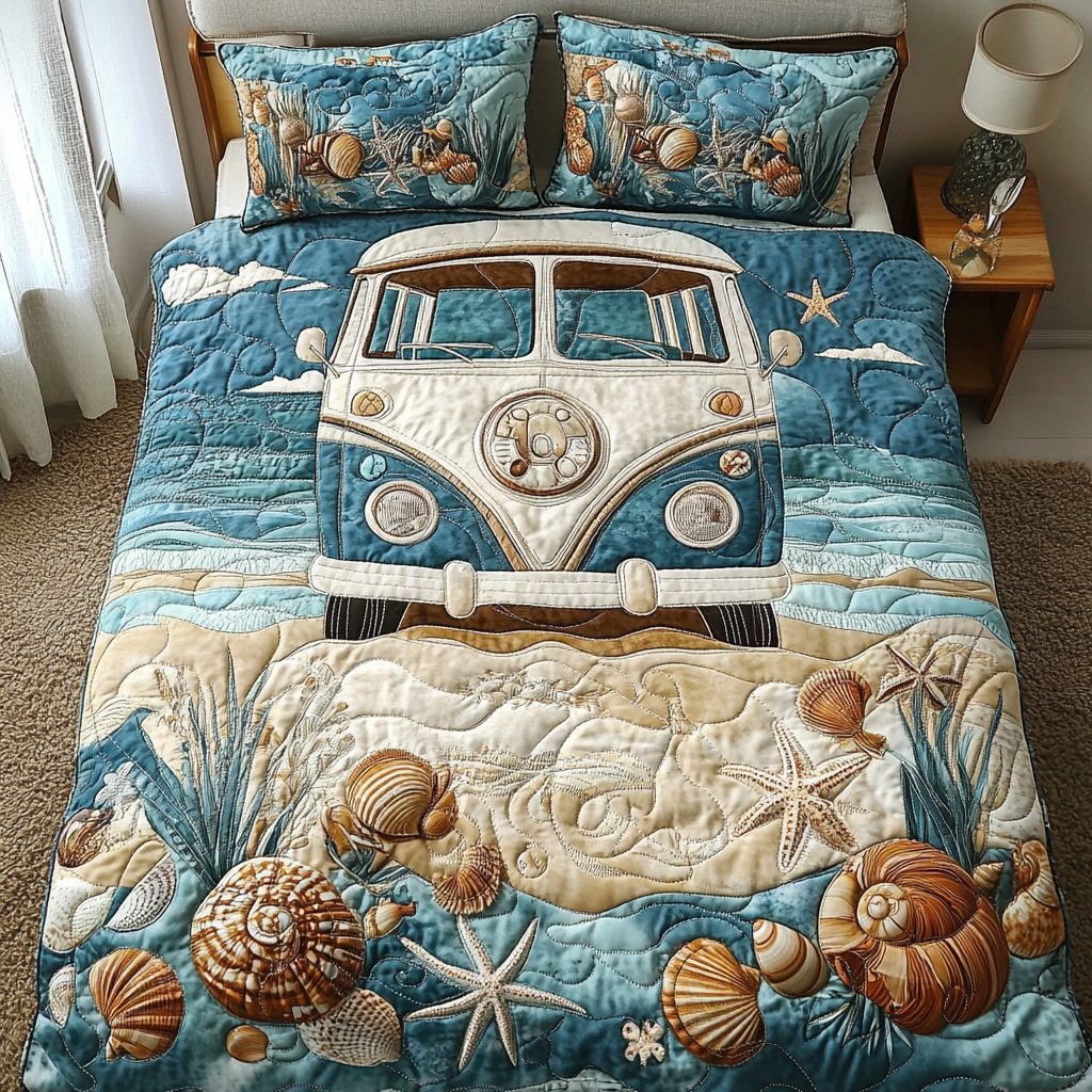 Coastal Cruiser quilted 3-piece bedding set on a made bed in a light coastal bedroom