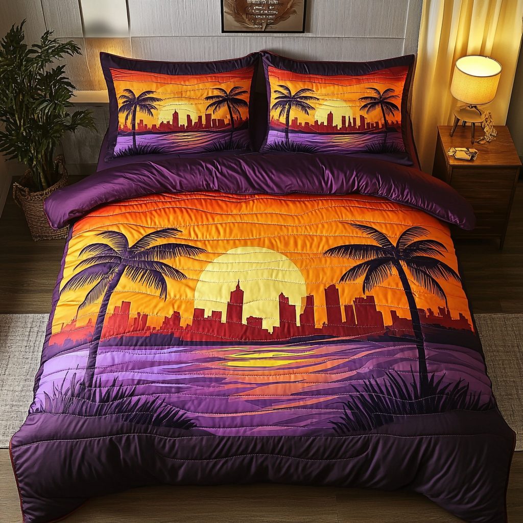 Coastal Dreams quilted 3-piece bedding set on a made bed in a light coastal bedroom