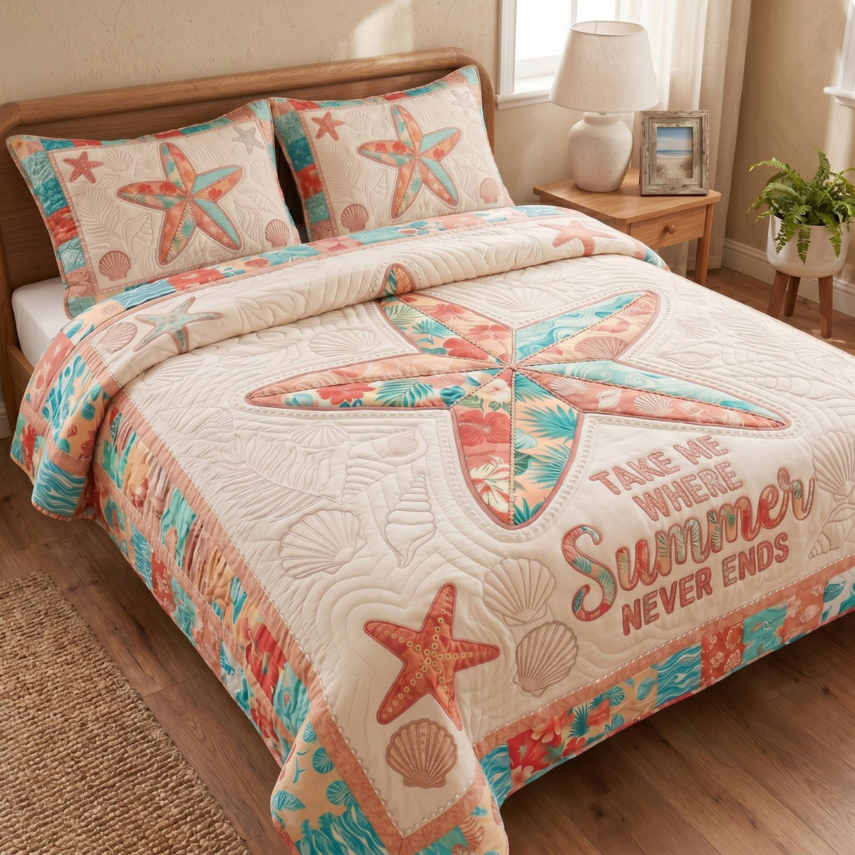 Coastal Dreams quilted 3-piece bedding set on a made bed in a light coastal bedroom