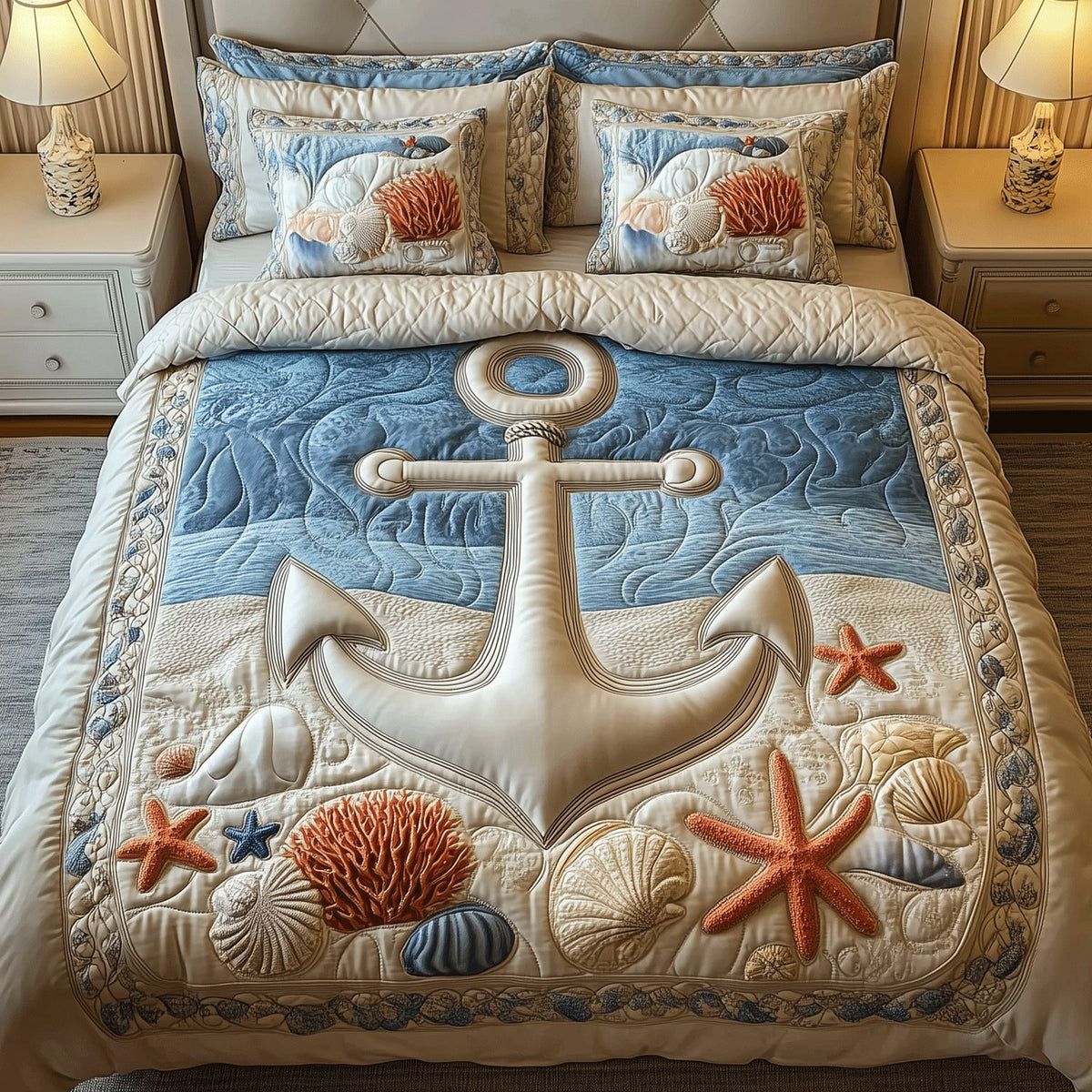 Coastal Dreams quilted 3-piece bedding set on a made bed in a light coastal bedroom