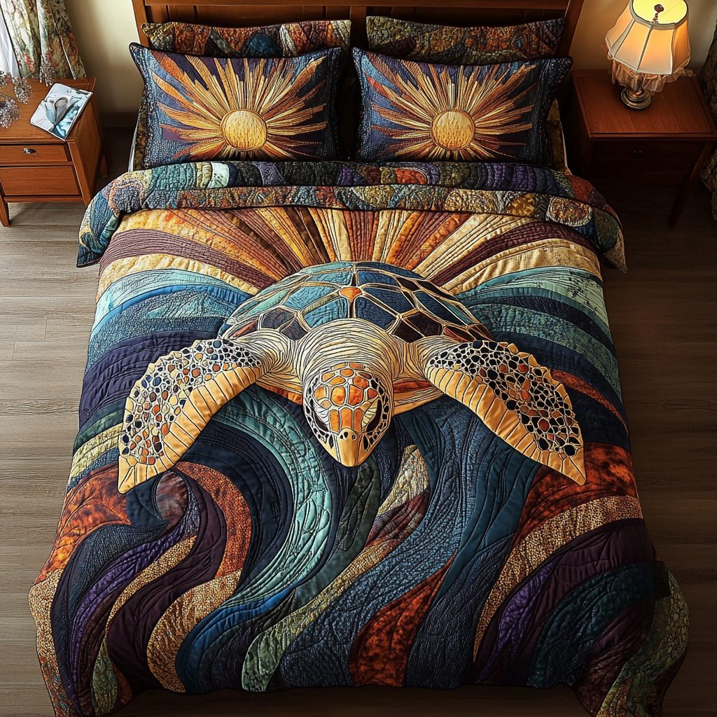 Coastal Drift quilted 3-piece bedding set on a made bed in a light coastal bedroom