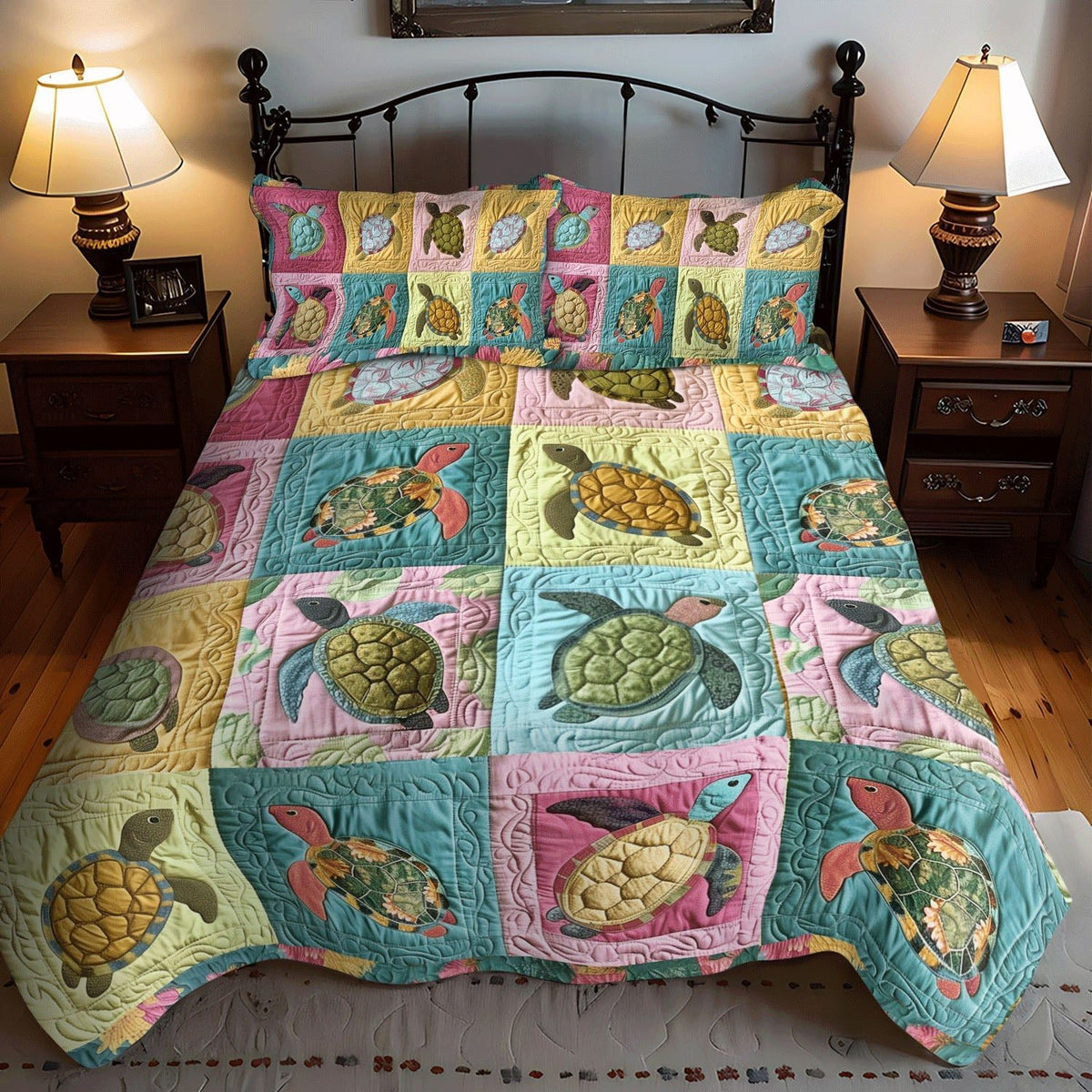 Coastal Drift quilted 3-piece bedding set on a made bed in a light coastal bedroom