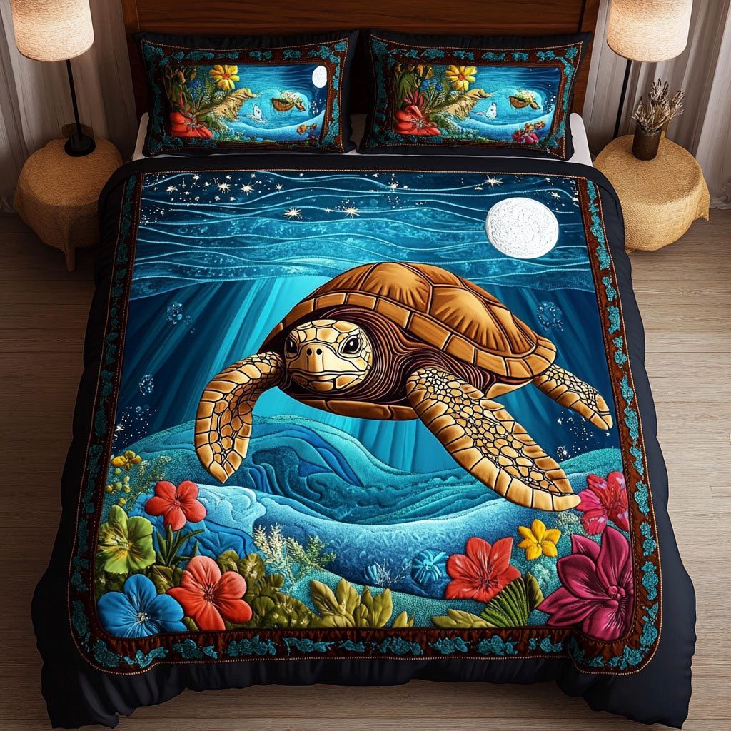 Coastal Drifter quilted 3-piece bedding set on a made bed in a light coastal bedroom