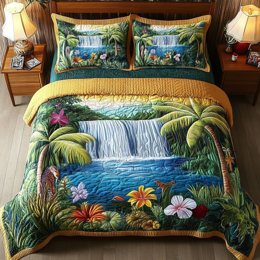 Coastal Garden quilted 3-piece bedding set on a made bed in a light coastal bedroom