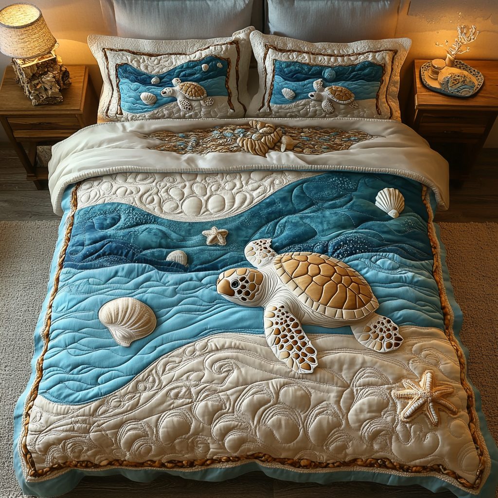 Coastal Glide quilted 3-piece bedding set on a made bed in a light coastal bedroom