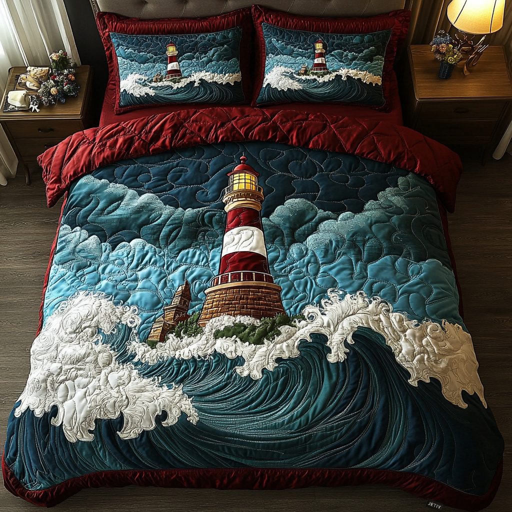 Coastal Glow quilted 3-piece bedding set on a made bed in a light coastal bedroom