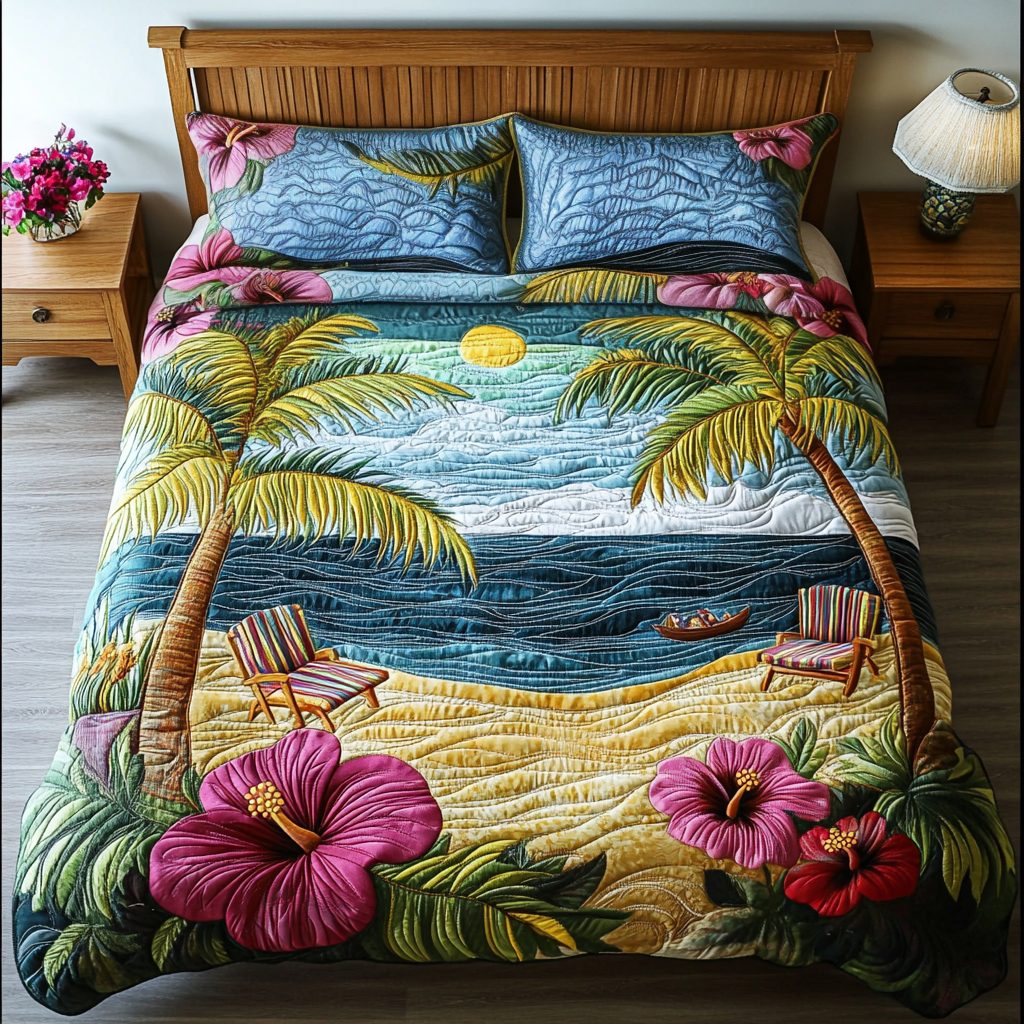 Coastal Glow quilted 3-piece bedding set on a made bed in a light coastal bedroom