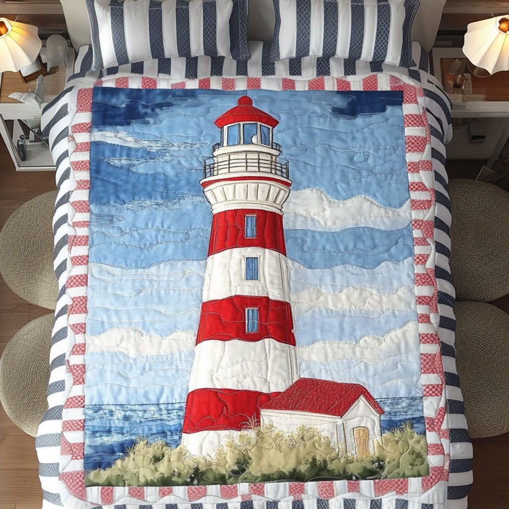 Coastal Glow quilted 3-piece bedding set on a made bed in a light coastal bedroom