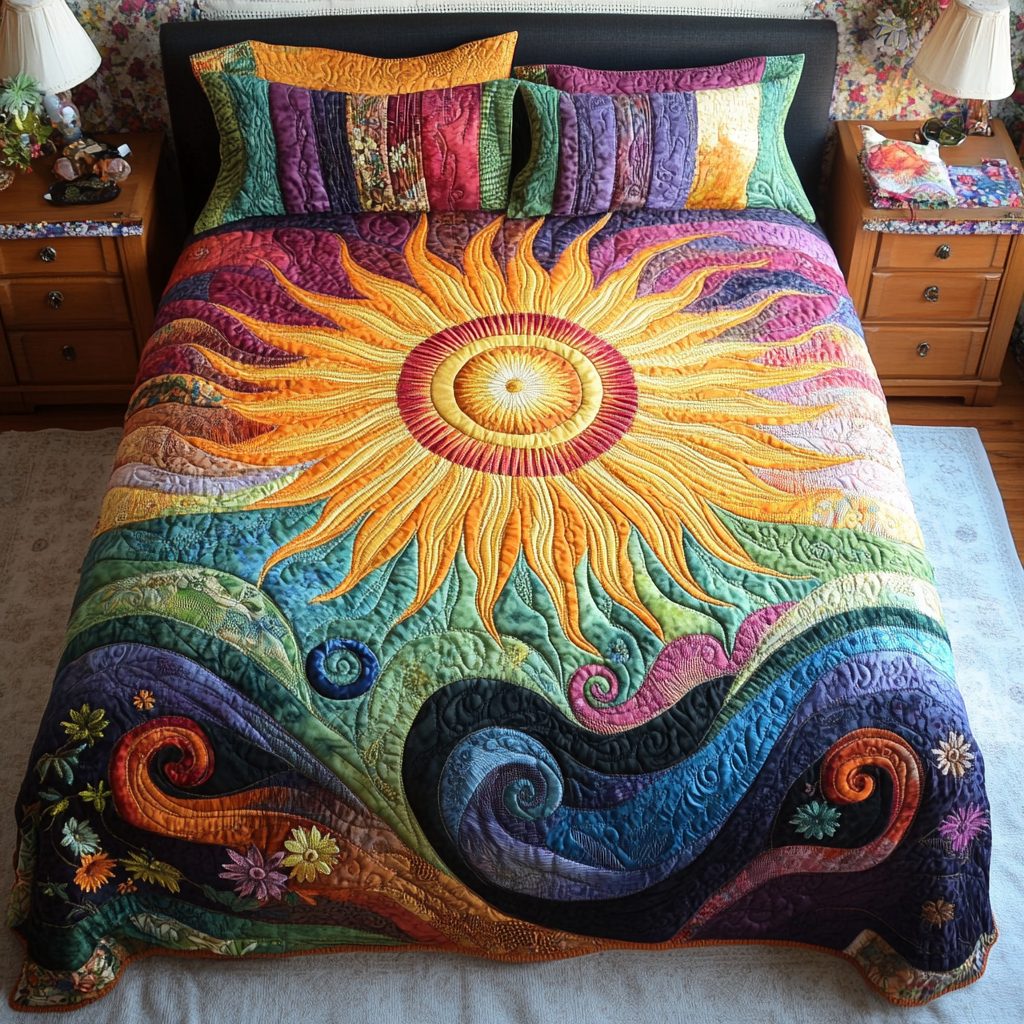 Coastal Glow quilted 3-piece bedding set on a made bed in a light coastal bedroom