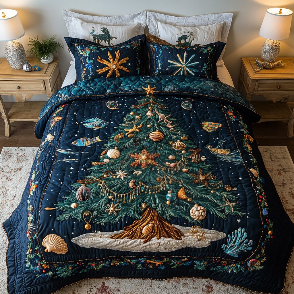Coastal Glow quilted 3-piece bedding set on a made bed in a light coastal bedroom