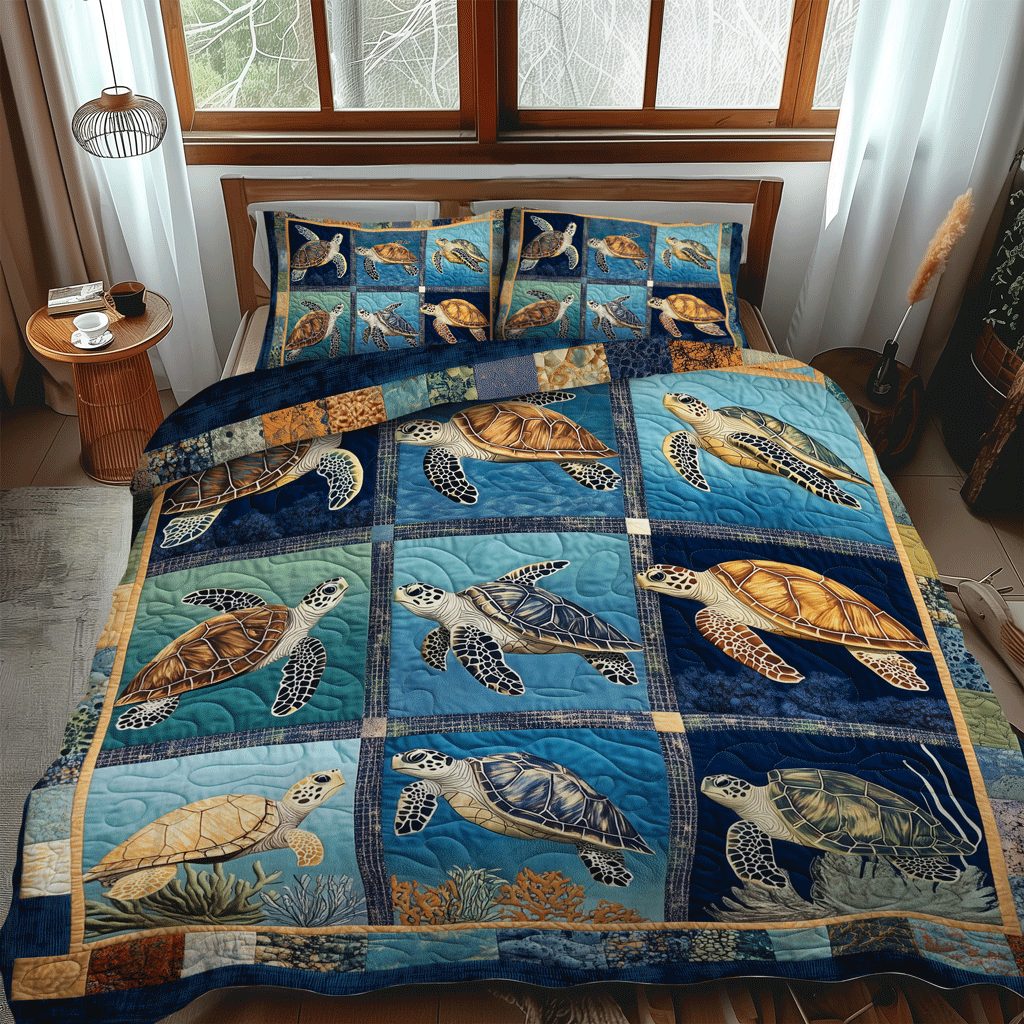 Coastal Harmony quilted 3-piece bedding set on a made bed in a light coastal bedroom