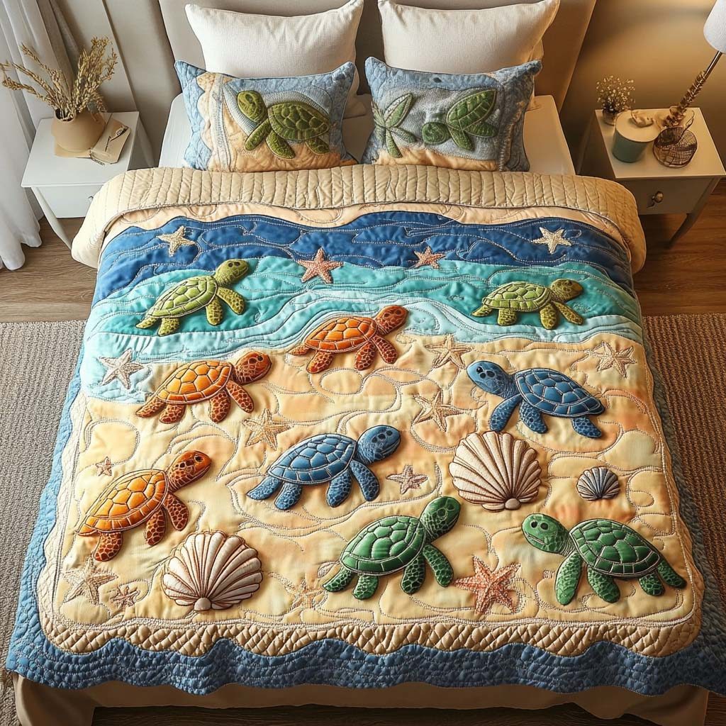 Coastal Haven quilted 3-piece bedding set on a made bed in a light coastal bedroom