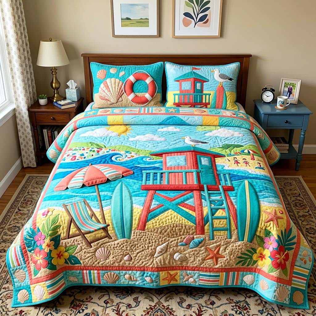 Coastal Hut quilted 3-piece bedding set on a made bed in a light coastal bedroom
