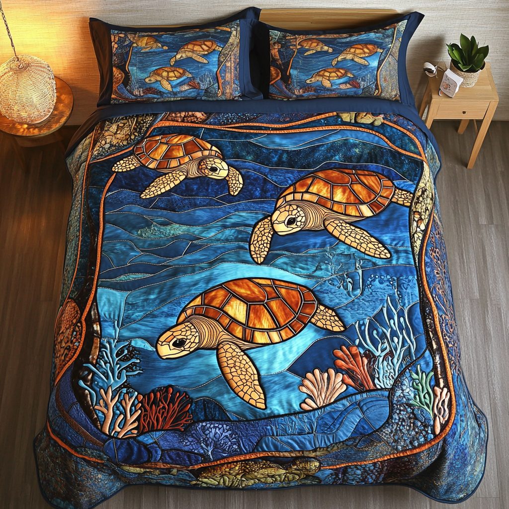Coastal Journey quilted 3-piece bedding set on a made bed in a light coastal bedroom