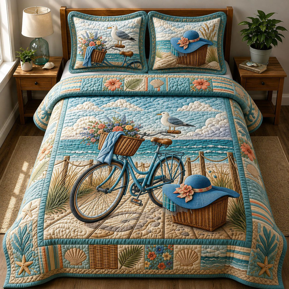 Coastal Life quilted 3-piece bedding set on a made bed in a light coastal bedroom