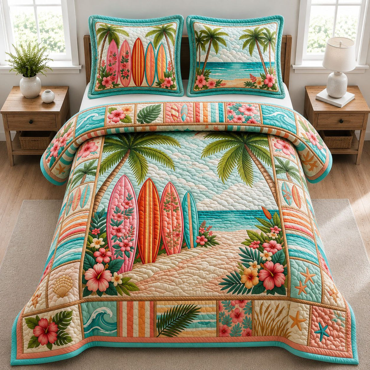 Coastal Life Surfboard quilted 3-piece bedding set on a made bed in a light coastal bedroom