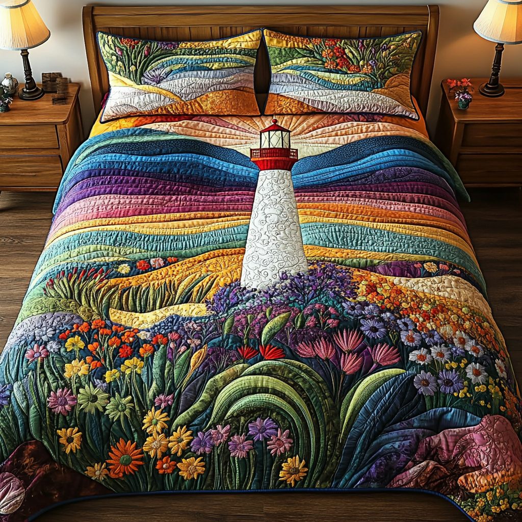 Coastal Light quilted 3-piece bedding set on a made bed in a light coastal bedroom