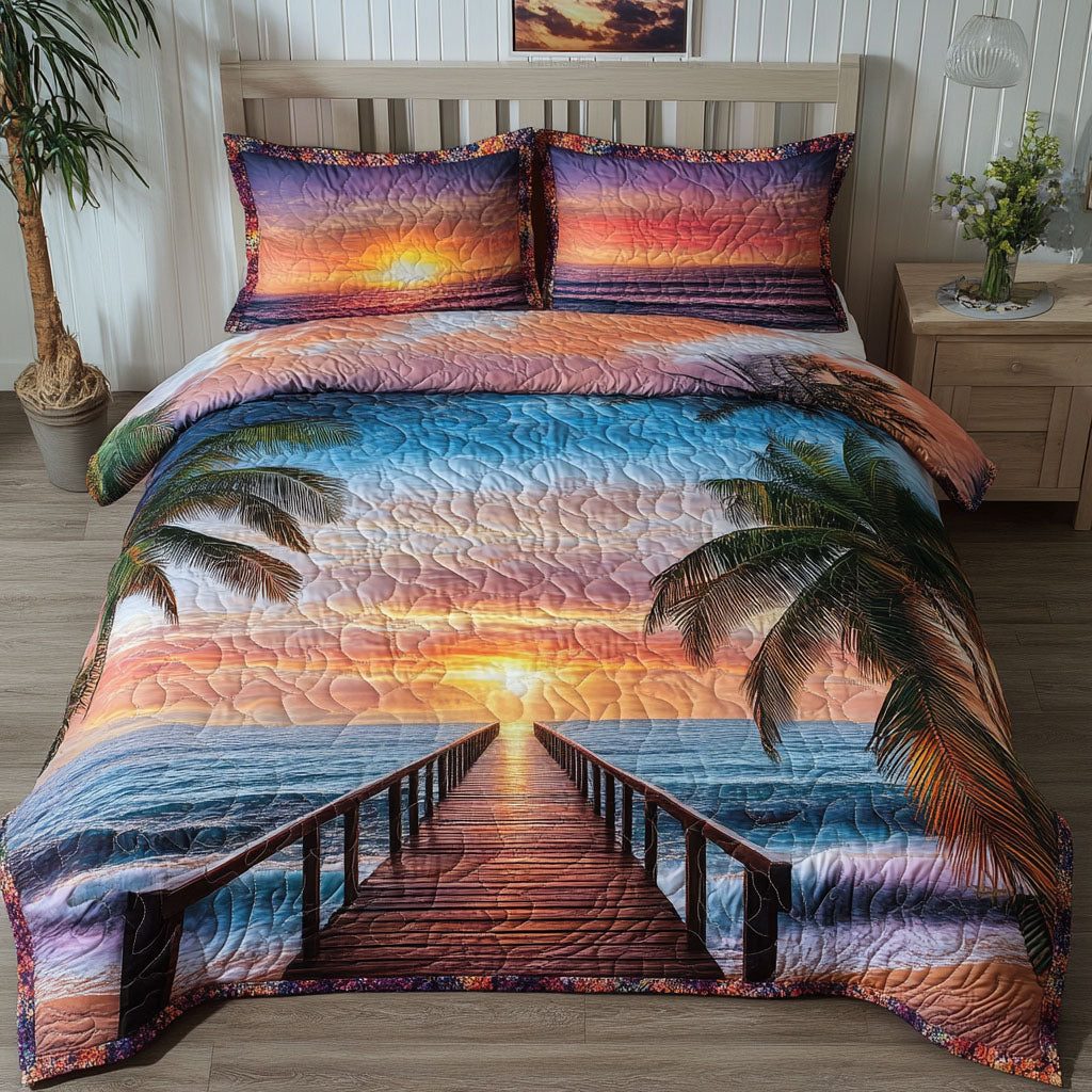 Coastal Paradise quilted 3-piece bedding set on a made bed in a light coastal bedroom