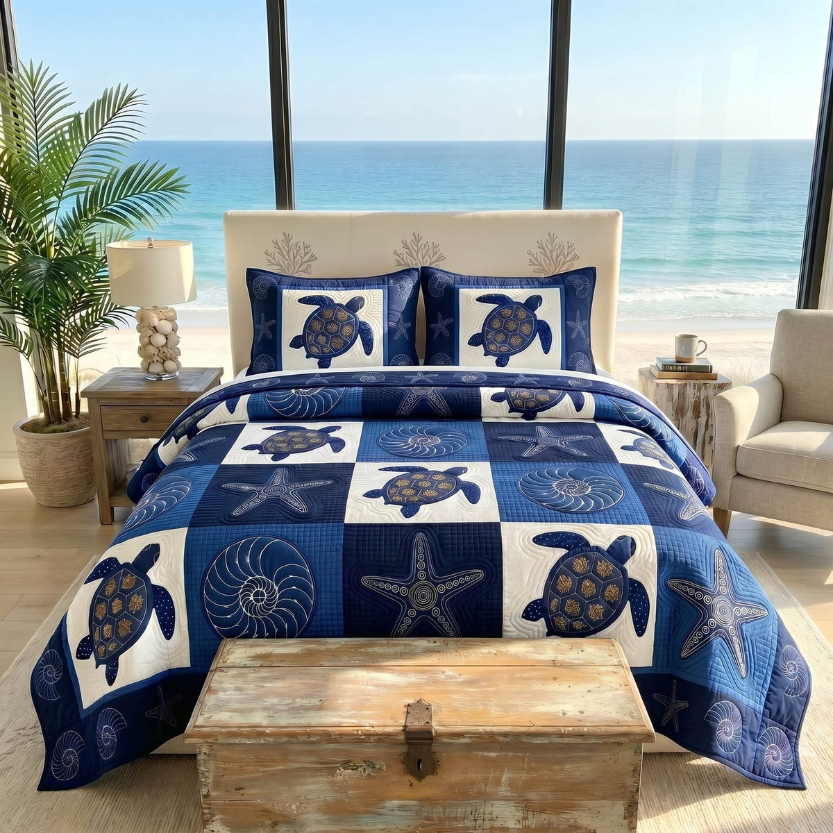 Coastal Patch quilted 3-piece bedding set on a made bed in a light coastal bedroom