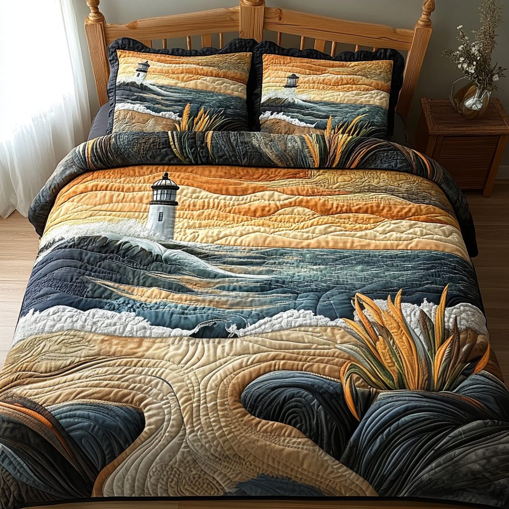 Coastal Peace quilted 3-piece bedding set on a made bed in a light coastal bedroom