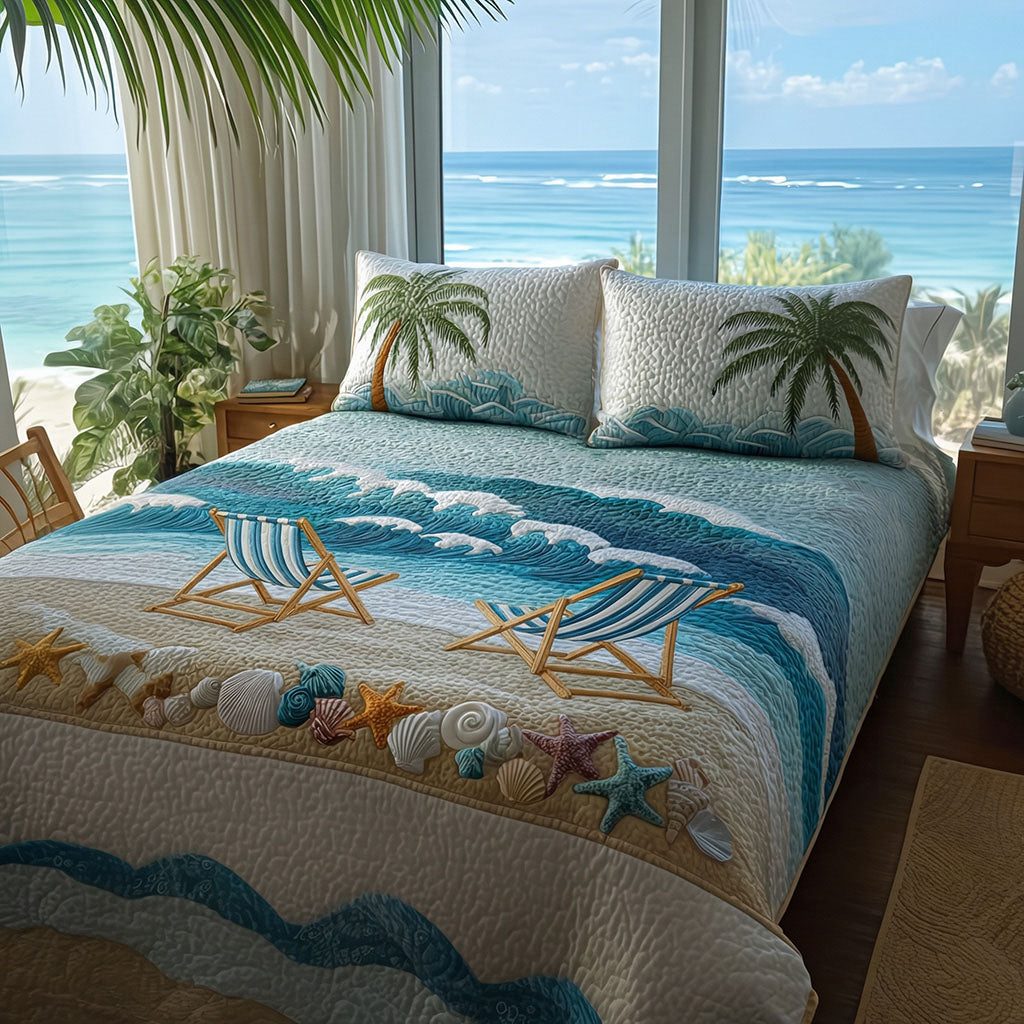 Coastal Rest quilted 3-piece bedding set on a made bed in a light coastal bedroom