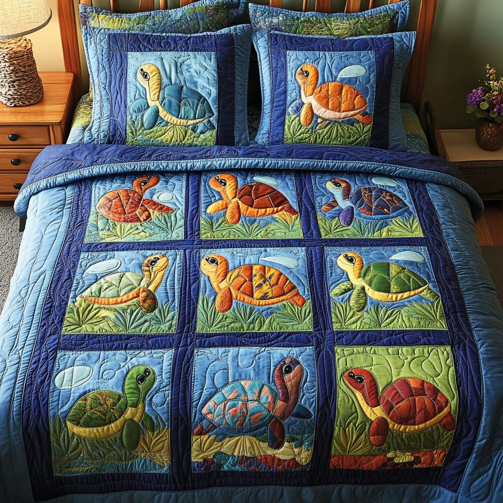 Coastal Retreat quilted 3-piece bedding set on a made bed in a light coastal bedroom