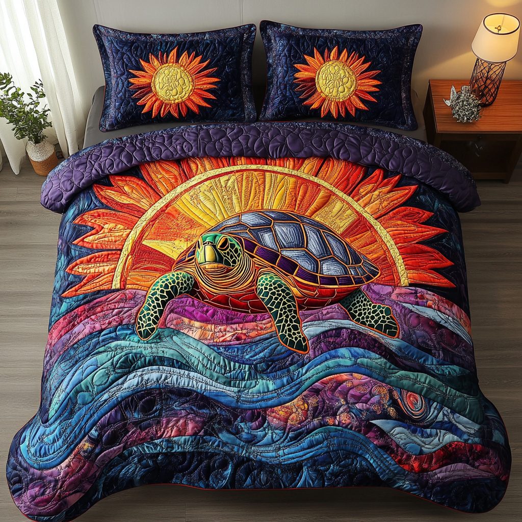 Coastal Serenity quilted 3-piece bedding set on a made bed in a light coastal bedroom