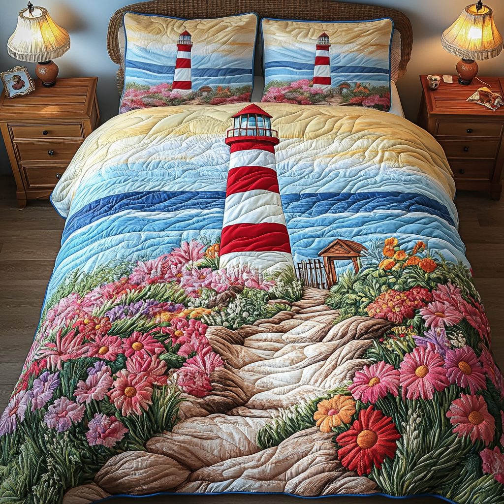 Coastal Serenity quilted 3-piece bedding set on a made bed in a light coastal bedroom