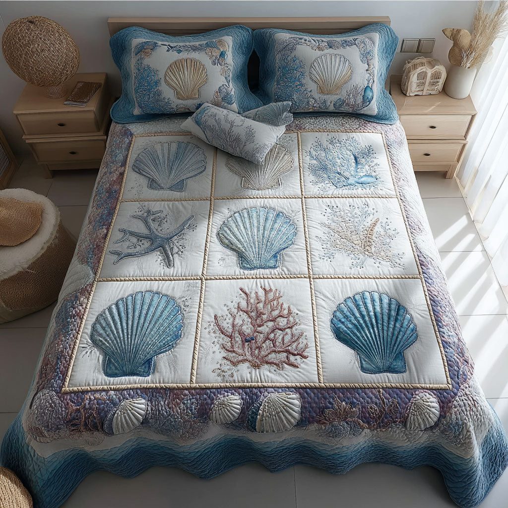 Coastal Shells quilted 3-piece bedding set on a made bed in a light coastal bedroom