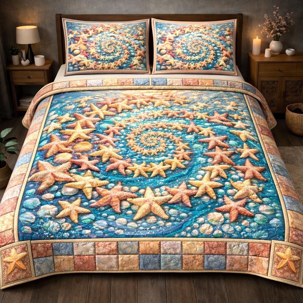 Coastal Treasure quilted 3-piece bedding set on a made bed in a light coastal bedroom