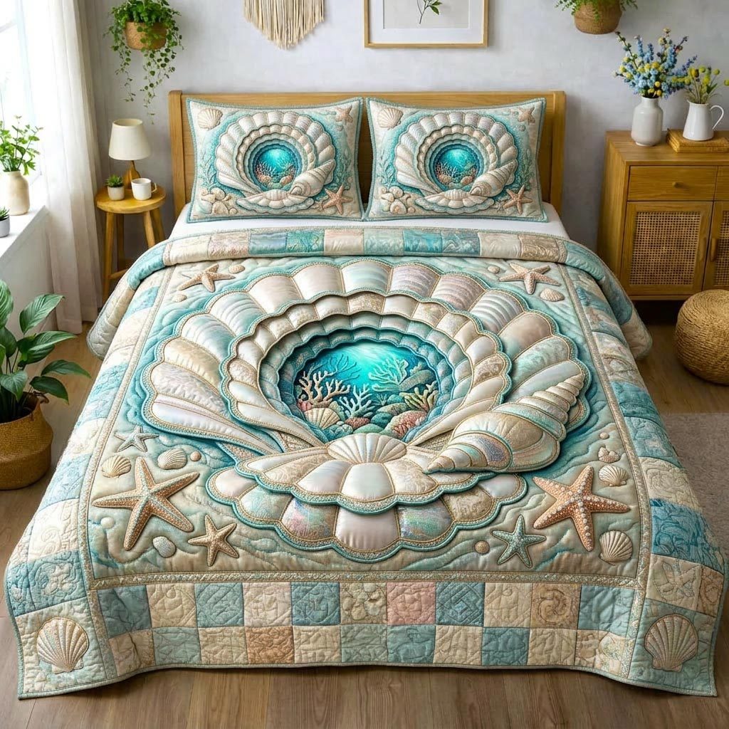 Coastal Treasure quilted 3-piece bedding set on a made bed in a light coastal bedroom