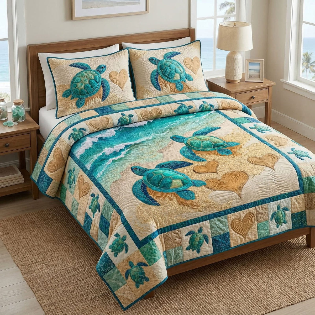Coastal Turtle Love quilted 3-piece bedding set on a made bed in a light coastal bedroom