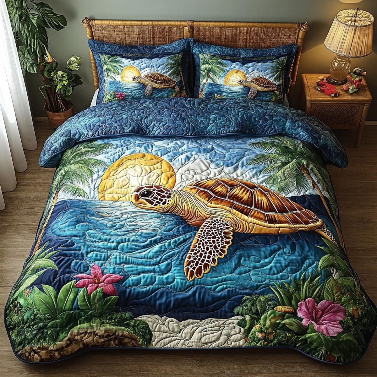 Coastal Turtle quilted 3-piece bedding set on a made bed in a light coastal bedroom