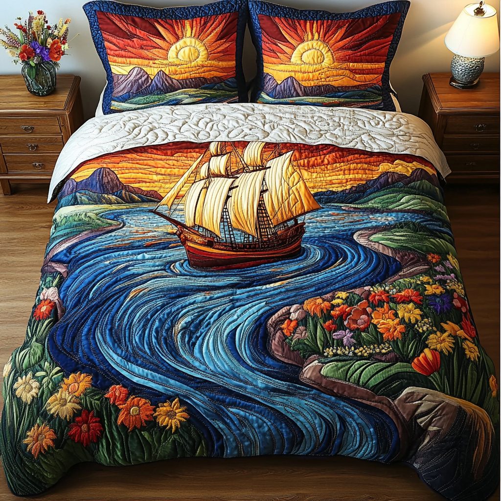 Coastal Voyage quilted 3-piece bedding set on a made bed in a light coastal bedroom
