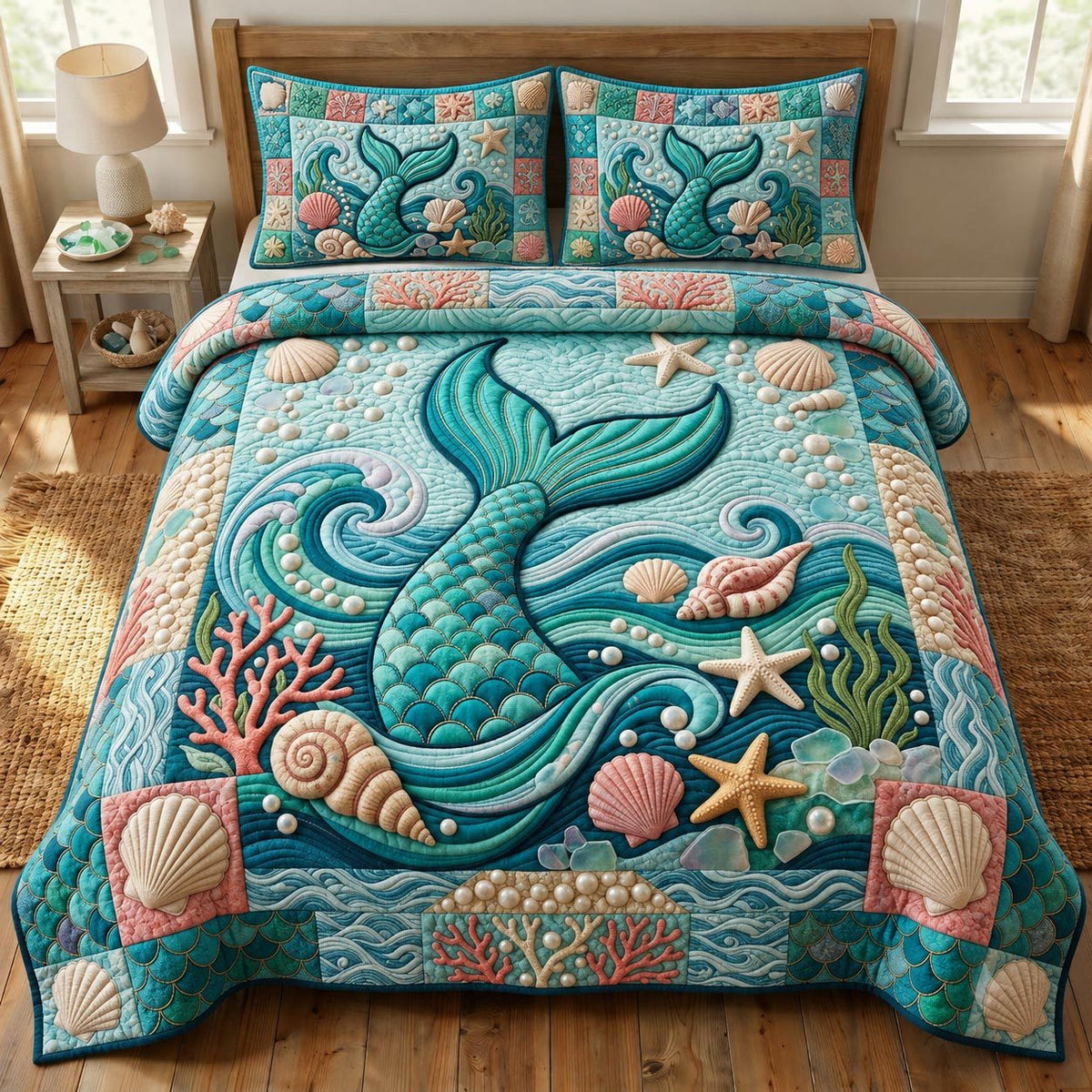 Coastal Whisper quilted 3-piece bedding set on a made bed in a light coastal bedroom
