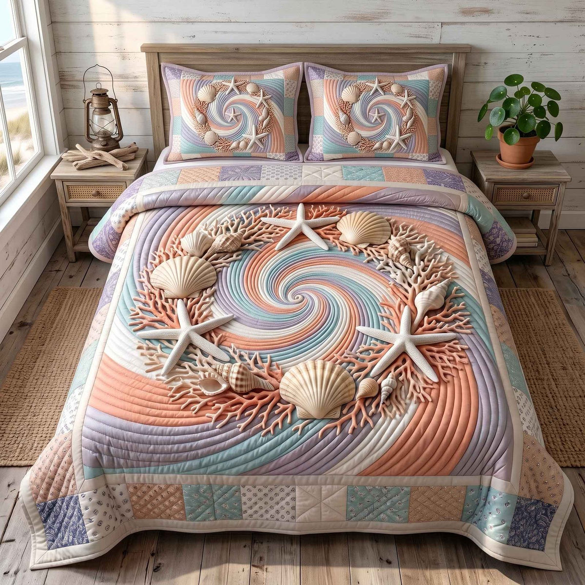 Coastal Whisper quilted 3-piece bedding set on a made bed in a light coastal bedroom